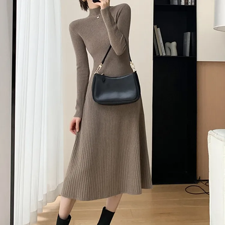 高领长款毛衣裙收腰显瘦气质长裙内搭打底针织连衣裙女秋冬配大衣