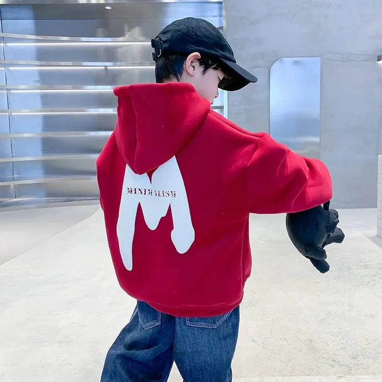 2025新款儿童装炸街男童秋冬卫衣红色连帽加绒衣服男孩冬装上衣潮