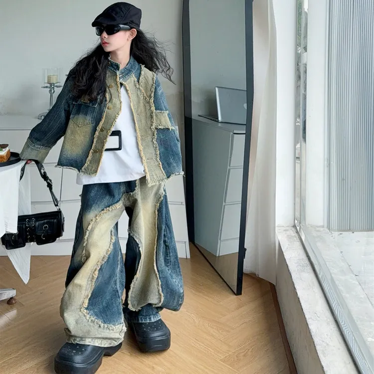 儿童拼接牛仔套装2025春秋新款女童休闲复古毛边外套牛仔裤三件套