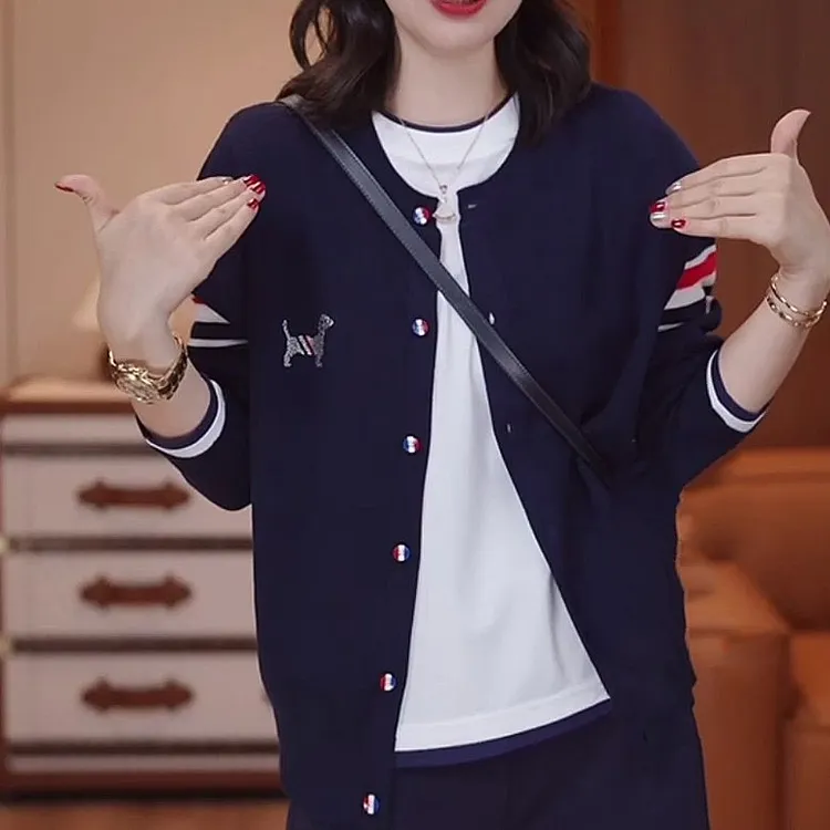 大码韩系减龄条纹长袖针织衫女2025秋季薄款胖mm显瘦宽松刺绣开衫