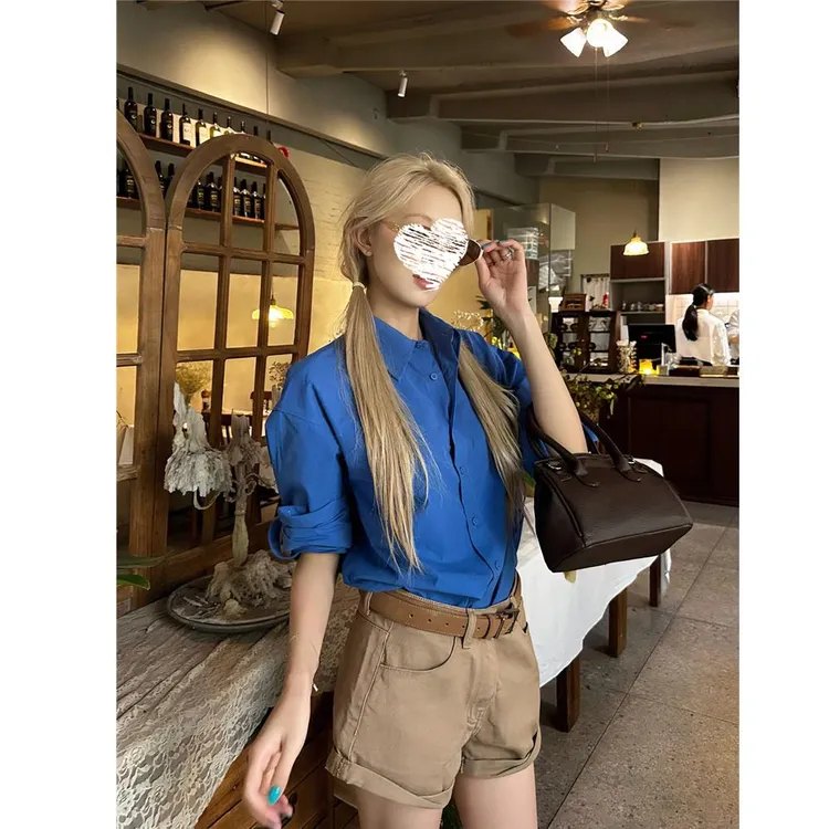 克莱因蓝色长袖衬衫女韩系春秋衬衣设计感上衣时尚休闲韩版薄款