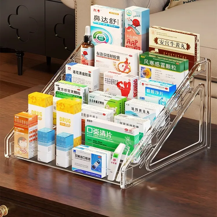 药品收纳盒家用阶梯式桌面大容量分格医疗急救展示架药箱收纳柜