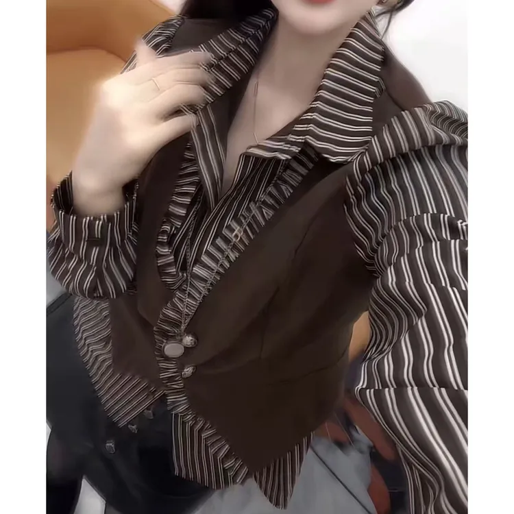 今年流行穿搭2025秋冬新款温柔风假两件拼接小众休闲长袖衬衫上衣