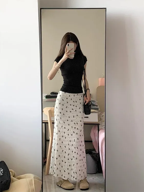 黑色正肩百搭T恤韩系度假风蝴蝶结印花蕾丝碎花半身纯欲长裙套装