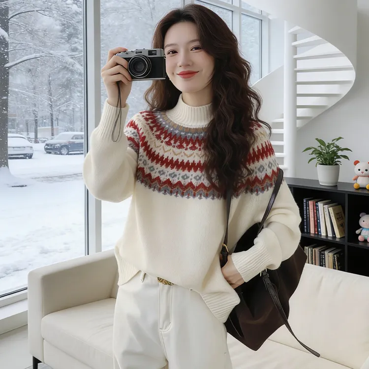 氛围感费尔岛高领提花打底针织衫女2026春秋新款宽松软糯内搭毛衣