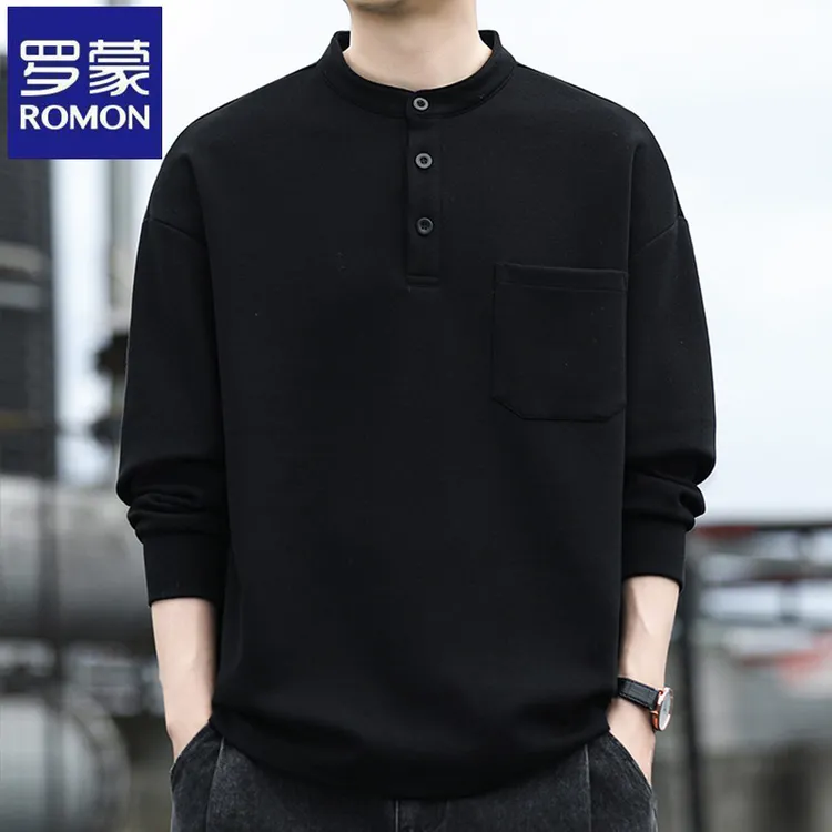 罗蒙男士新款体恤长袖圆领宽松上衣春秋季新款纯色韩版休闲T恤男