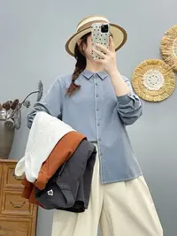 100%棉春秋磨毛女衬衫纯色百搭休闲翻领上衣时尚宽松86309