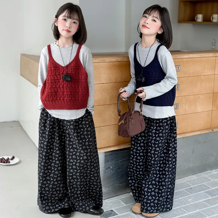 女童春秋款韩系套装新款中大童时尚针织马甲打底衫儿童碎花阔腿裤