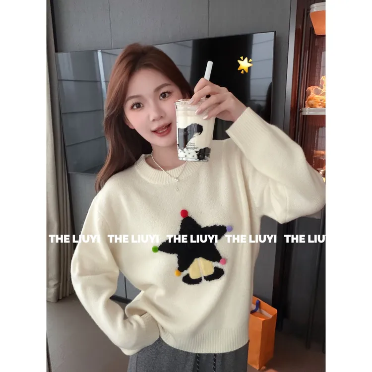 【LIUYI】星星人~秋冬韩系五角星羊毛兔毛混纺套头百搭毛衣51105A1