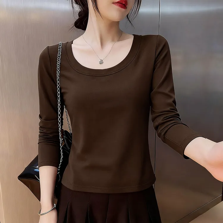 时尚百搭长袖T恤女2025秋季新款修身显瘦大衣内搭打底衫纯色上衣