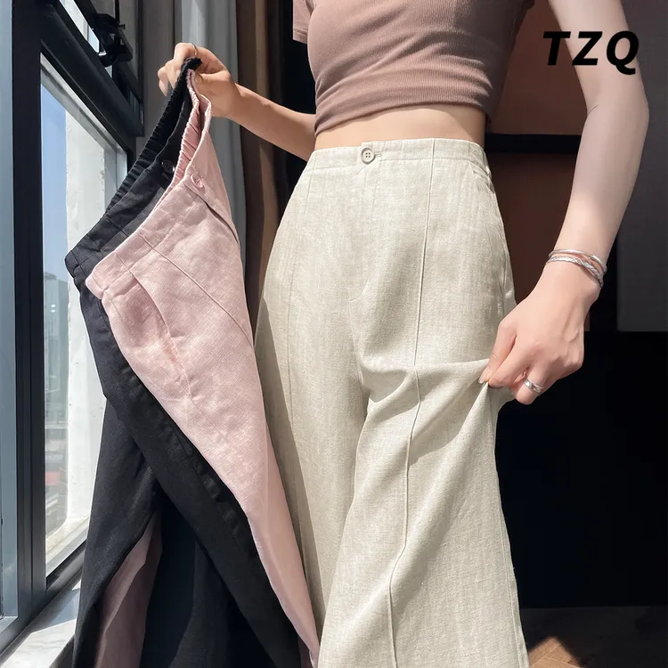 高腰亚麻阔腿裤女夏薄款2025新款宽松垂感直筒休闲裤子TZQ2562405