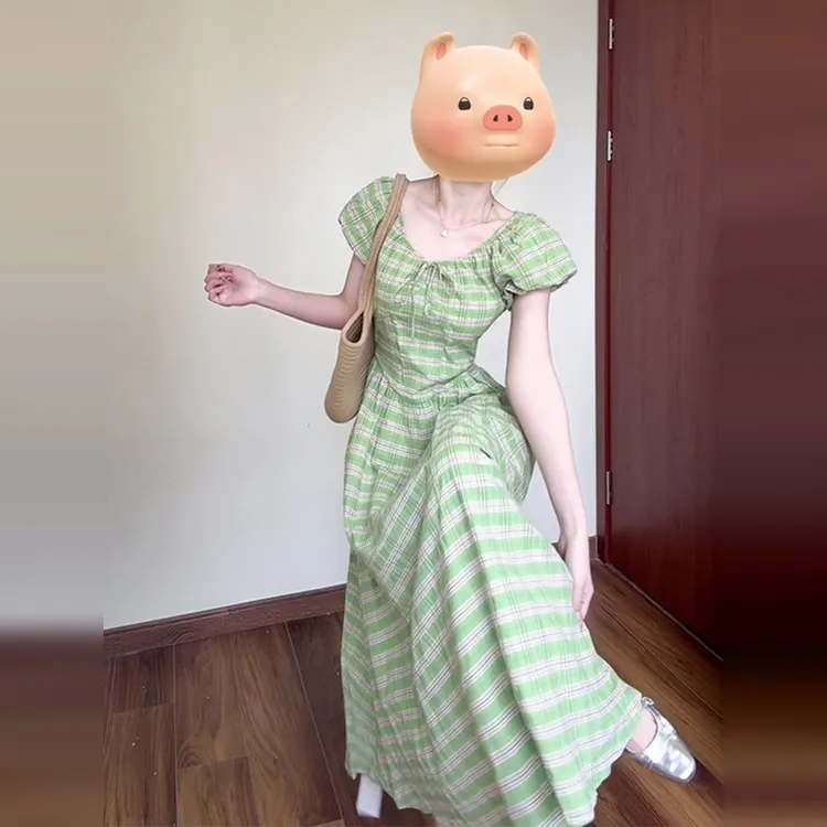 【现货+运补】法式田园绿色连衣裙子女秋季气质掐腰长裙清仓2542