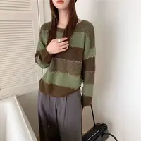 【格一专场专属】女圆领落肩袖针织条纹纯色衫慵懒风毛衣时尚7021