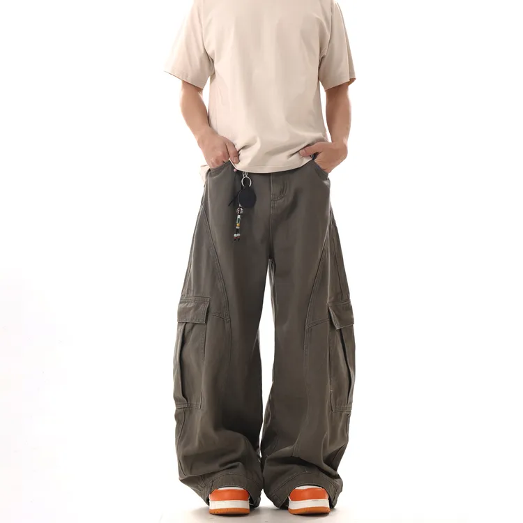 Mainfixed复古大口袋拼接解构设计弯刀牛仔裤美式阔腿弯刀裤男