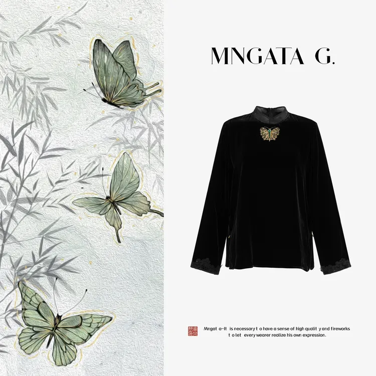 MNGATA G.宫小妍【真丝·绿金蝶】真丝丝绒早秋中式国风上衣5052649