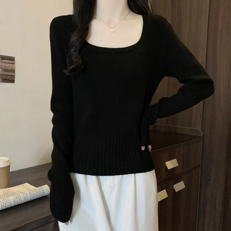 2025大码女装秋冬季新款胖妹妹显瘦针织衫方领百搭休闲纯色上衣