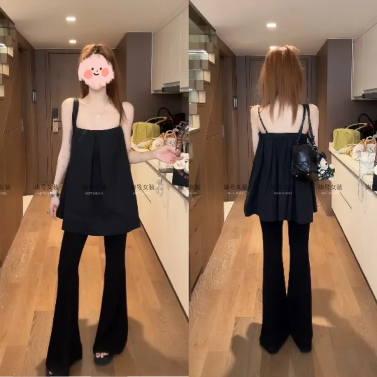 2025夏季新款韩版气质一字肩吊带背心上衣高腰显瘦阔腿微喇裤套装