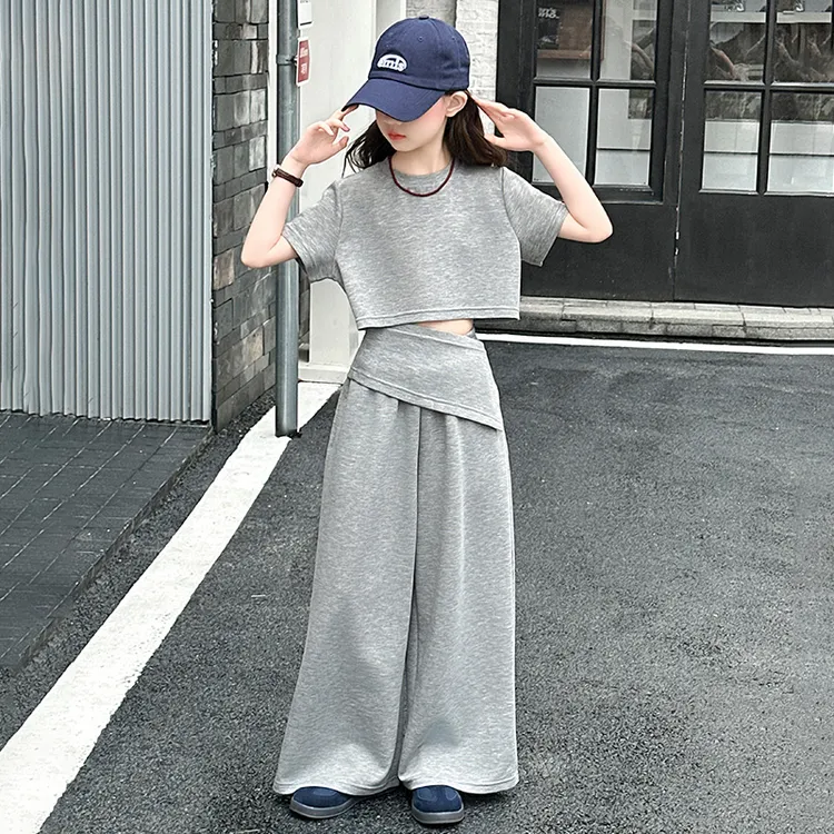 女童夏季套装2025夏装新款女孩韩系炸街休闲运动高腰阔腿裤两件套