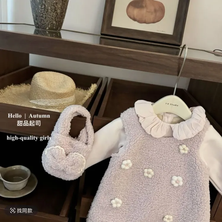 女童甜系小仙女韩系甜美花朵加绒背心裙冬季洋气韩版公主套装