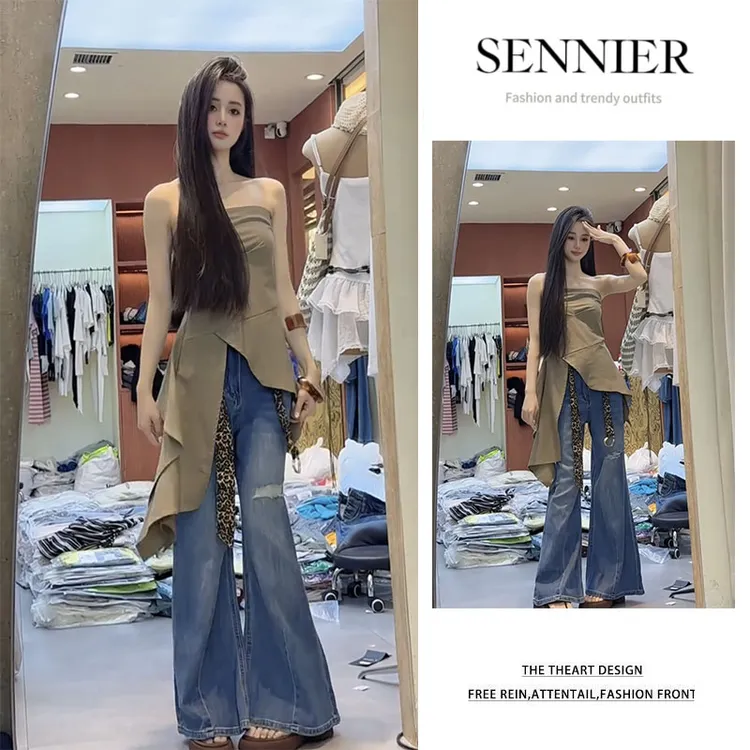 2025夏季新款百搭不规则设计感修身抹胸上衣显瘦微喇牛仔裤两件套