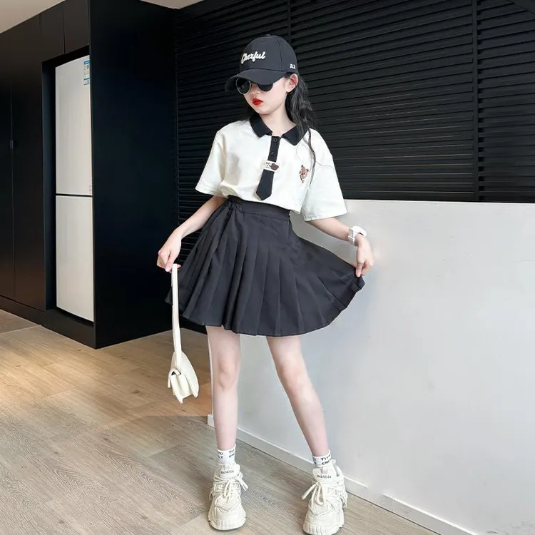 jk套装女童夏季2025新款女大童夏洋气学院风短袖POLO衫夏装百褶裙