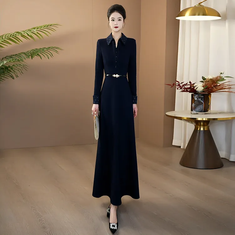 2025秋冬新款假两件连衣裙收腰显瘦遮肉大摆长裙260