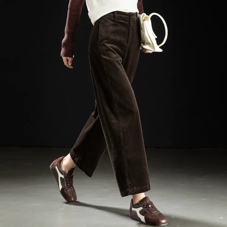 咖色灯芯绒裤子女款爆款2025新款棉弹九分条绒裤女弯刀窄版阔腿裤