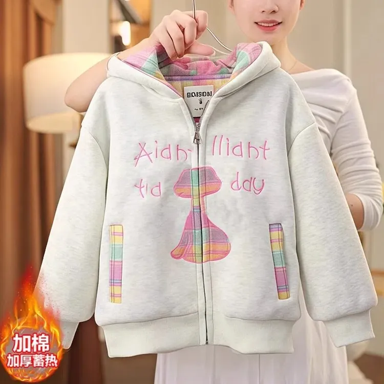 女童卡通夹棉外套卫衣2025新款秋冬加棉格子刺绣加厚二棉连帽棉服