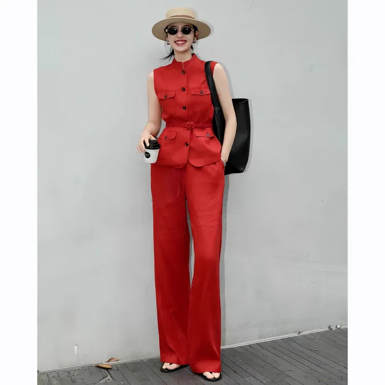 高级感夏季网红洋气炸街女装红色气质显瘦无袖衬衫马甲阔腿裤套装