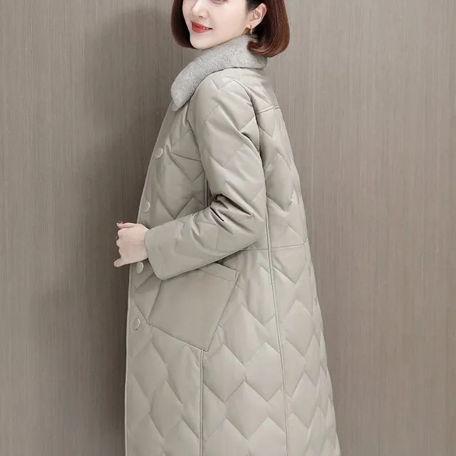 2025新款海宁皮衣真皮羽绒服女绵羊皮皮草水貂毛领中长款修身外套