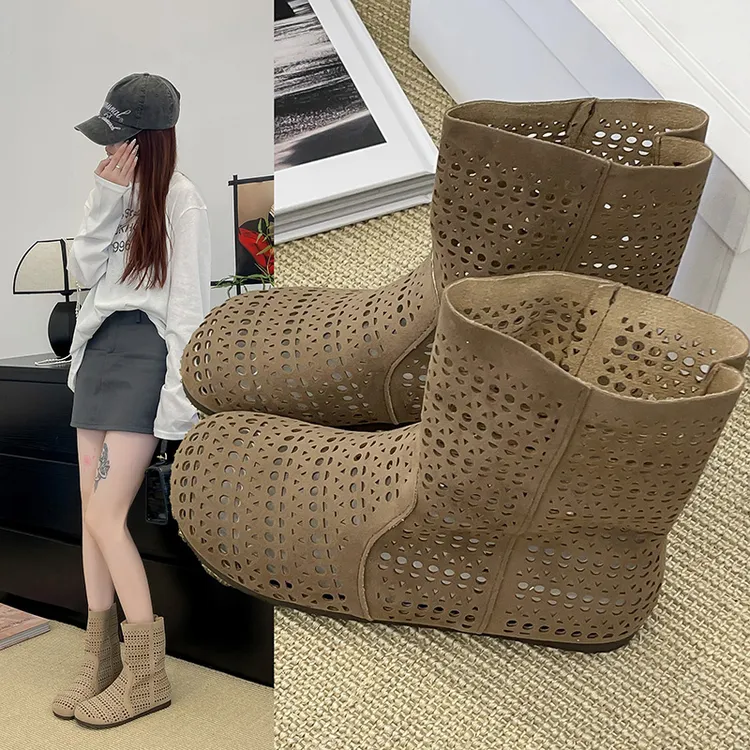 韩版2025夏季博肯镂空洞洞靴时尚增高复古百搭女士小短靴网靴