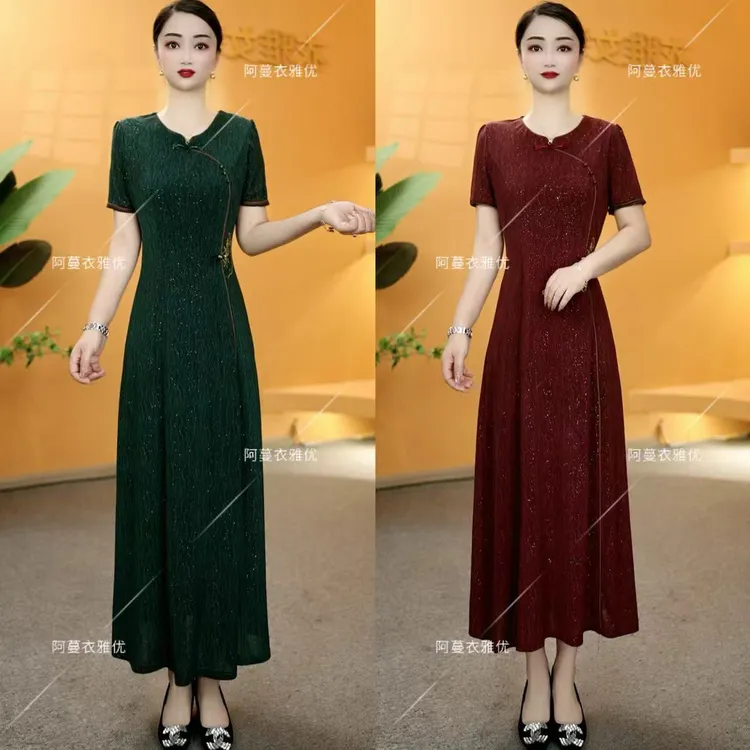 【衣雅严选】8088-2167#新款云锦丝弹力缎重工刺绣旗袍圆领连衣裙