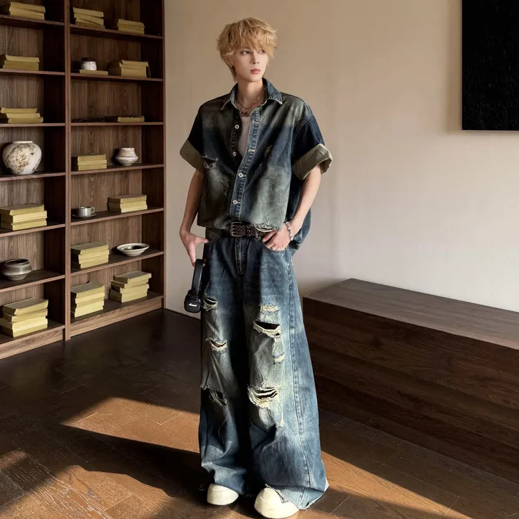 夏季美式复古高街水洗破洞短袖牛仔衬衫两件式男士夏日休闲外套