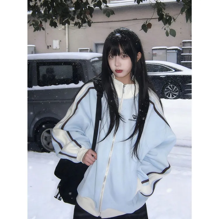 韩系学院风拼色条纹立领卫衣外套女秋冬新款宽松慵懒风夹克棒球服