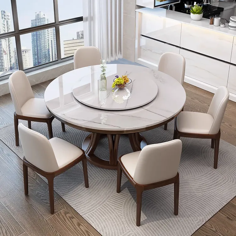 现代简约岩板圆桌带转盘家用轻奢岩板餐桌椅组合实木圆桌实木饭桌
