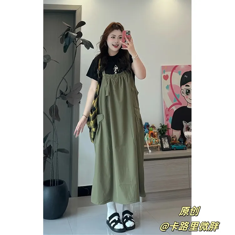 【泥美专属】大码夏季港风复古高级感连衣裙短袖T恤两件套99212#