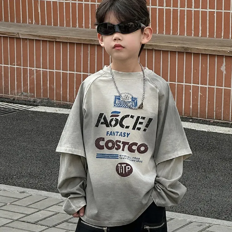 男童长袖T恤秋2026春款假两件男孩上衣洋气字母春秋儿童打底衫t