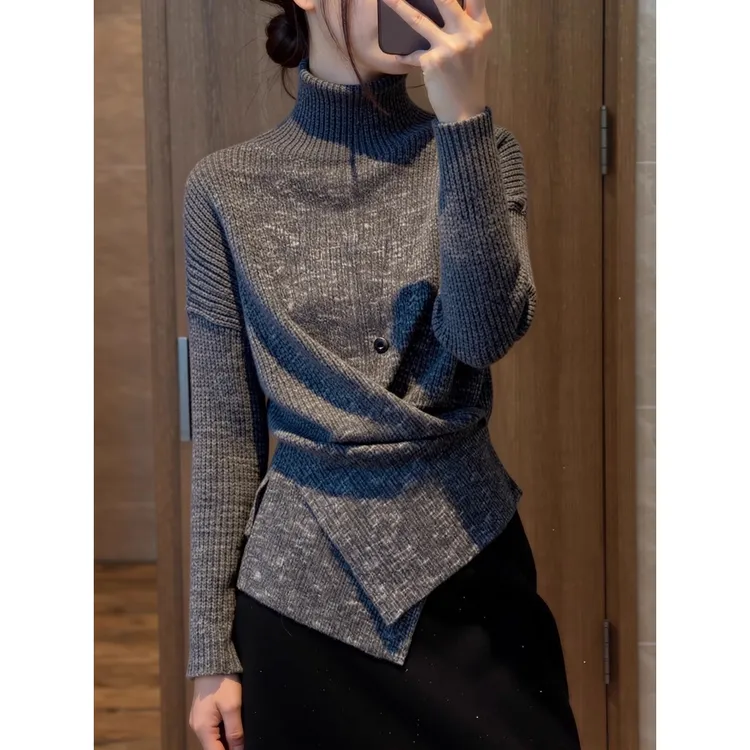 时尚慵懒风高领针织女2025秋冬新款设计感收腰显瘦软糯毛衣打底衫