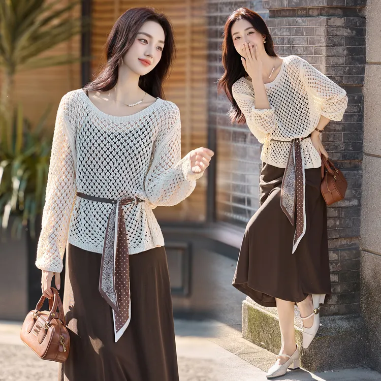 镂空针织罩衫连衣裙套装女2025秋季新款法式复古设计感裙子两件套