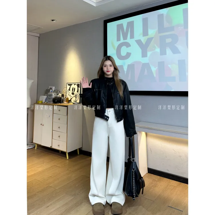 6103#大码高腰阔腿牛仔裤女春秋宽松新款高端直筒裤子女