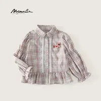MOMOCO女童秋季新款法式风拼接花边袖格子翻领衬衫77730129008