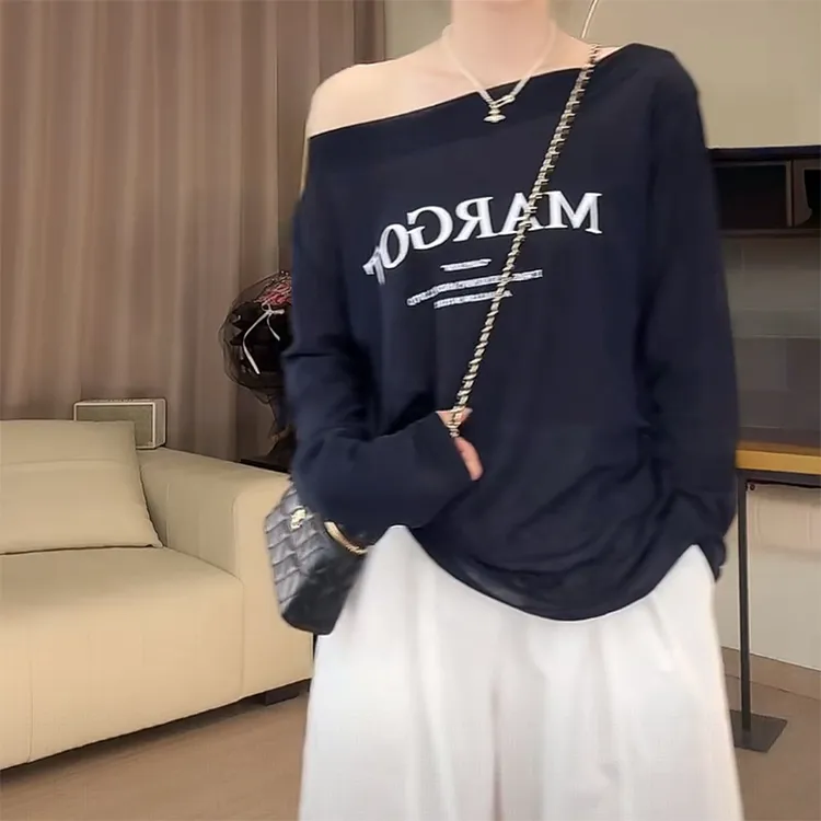 夏季25潮流一字肩防晒衣女薄款字母印花长袖外穿宽松套头T恤上衣