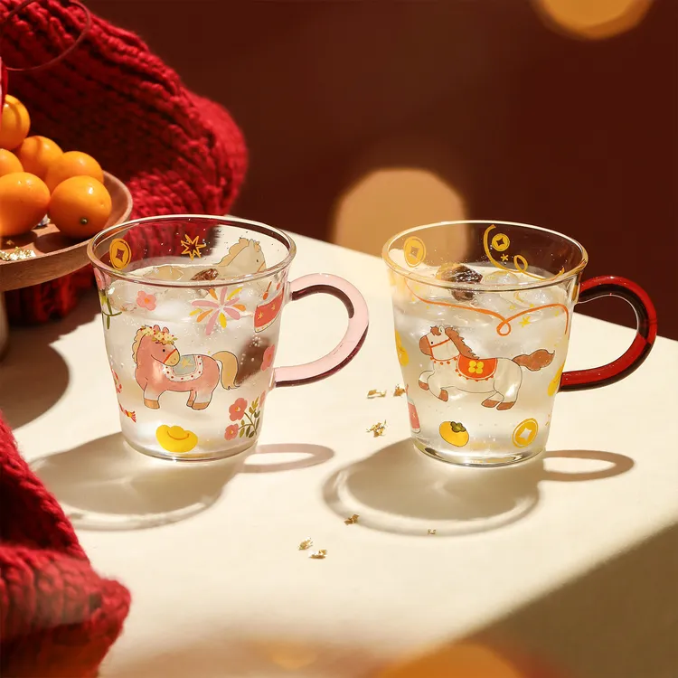 蓝莲花玻璃杯高硼硅泡茶杯新年马年水杯家用新款女士高颜值牛奶杯