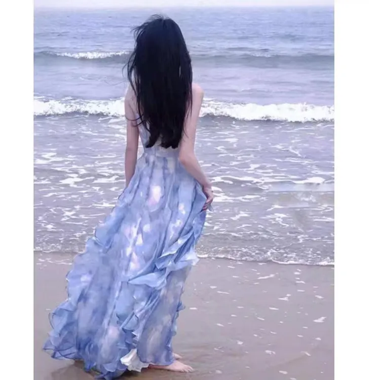 茶歇法式蓝色吊带连衣裙女夏季新款海边度假沙滩长裙日落仙女裙子