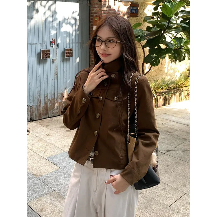 美式气质棕色牛仔外套女短款秋季新款设计感立领夹克长袖上衣百搭