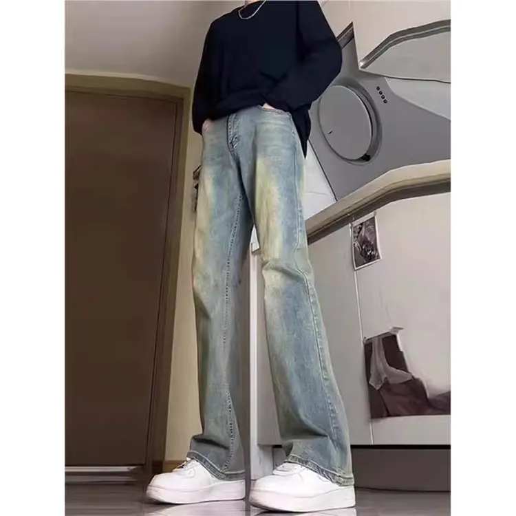 复古蓝柳叶弯刀牛仔裤男修身显瘦直筒裤子美式高街vibe窄版微喇裤