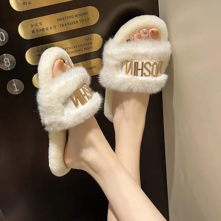 厚底毛毛拖鞋女外穿2025新款秋冬季加绒毛毛鞋网红毛绒一字棉拖鞋