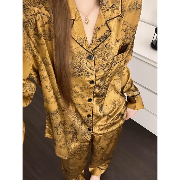 国风高级水墨画风冰丝睡衣女夏季新款长袖长裤家居服两件套可外穿