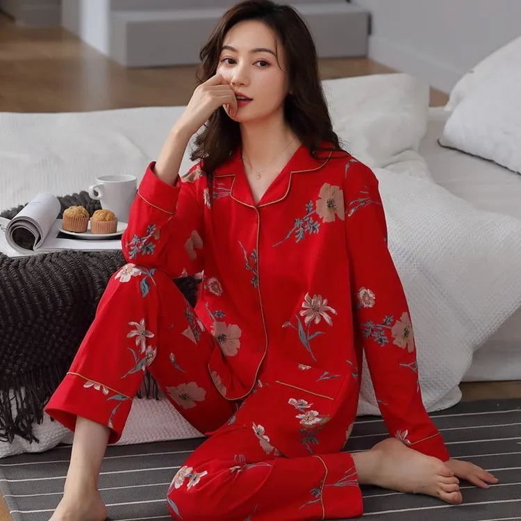 高档纯棉春秋印花优雅女士睡衣家居服