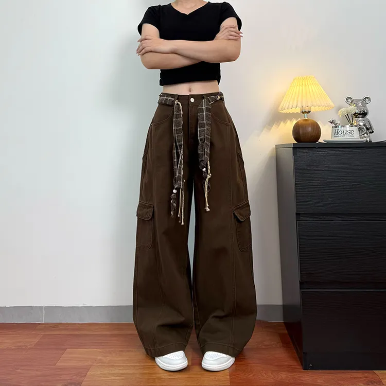 美式高腰口袋设计工装裤女秋季新款宽松百搭显瘦阔腿牛仔裤